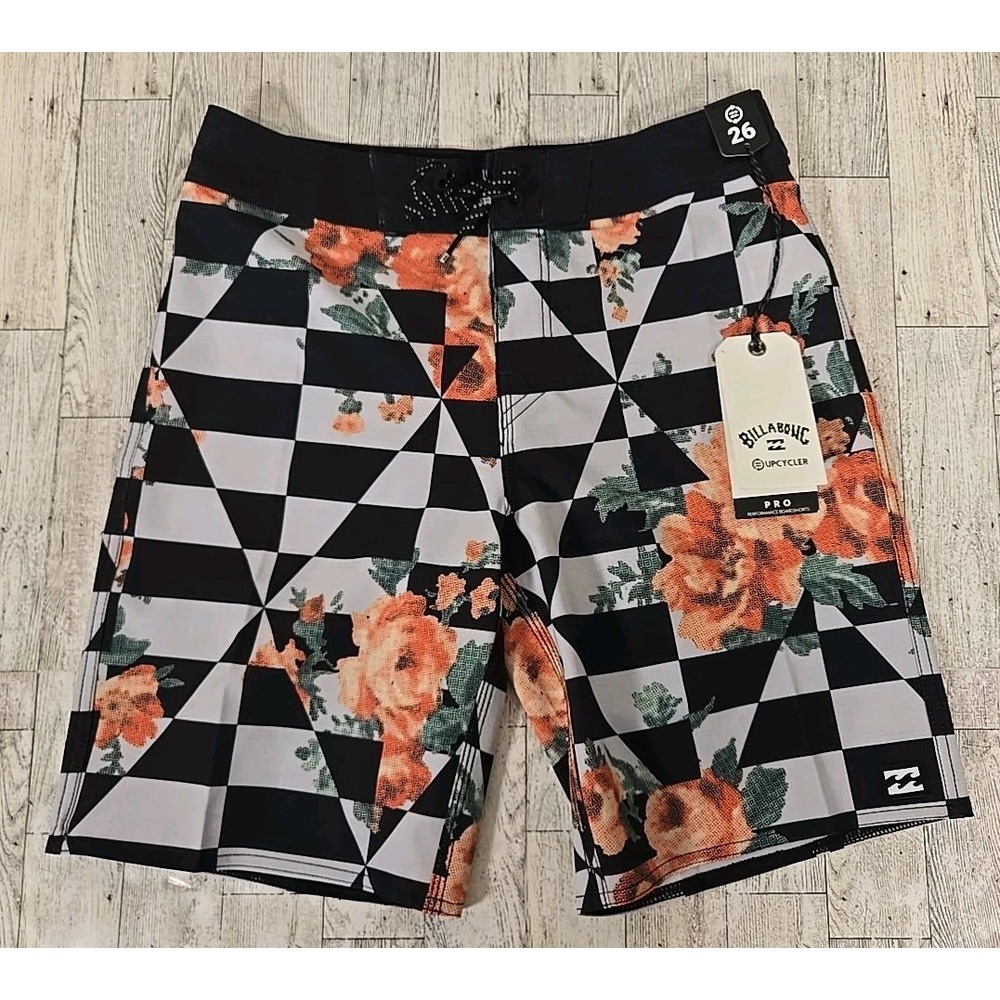 Billabong Boardshorts 26 Boys Performance Floral Checked Youth Quick Dry NEW